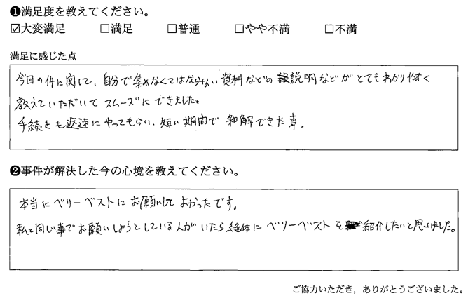 自分で集めなくてはならない資料などの説明などがとてもわかりやすく教えていただいてスムーズにできました