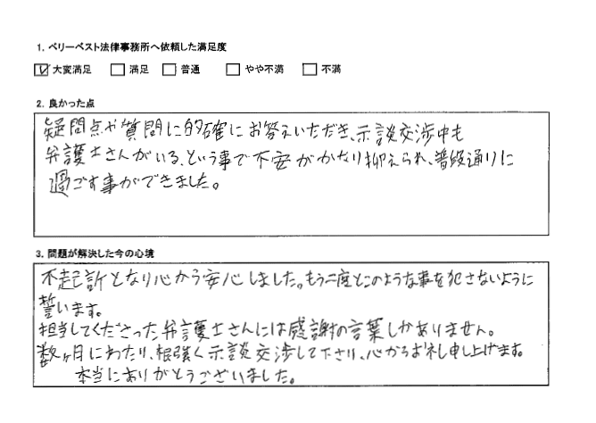 示談交渉中も弁護士さんがいる、という事で不安がかなり抑えられた。